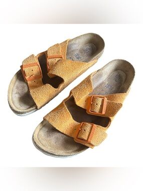 Birkenstock Orange Suede Two-Strap Slide Sandals